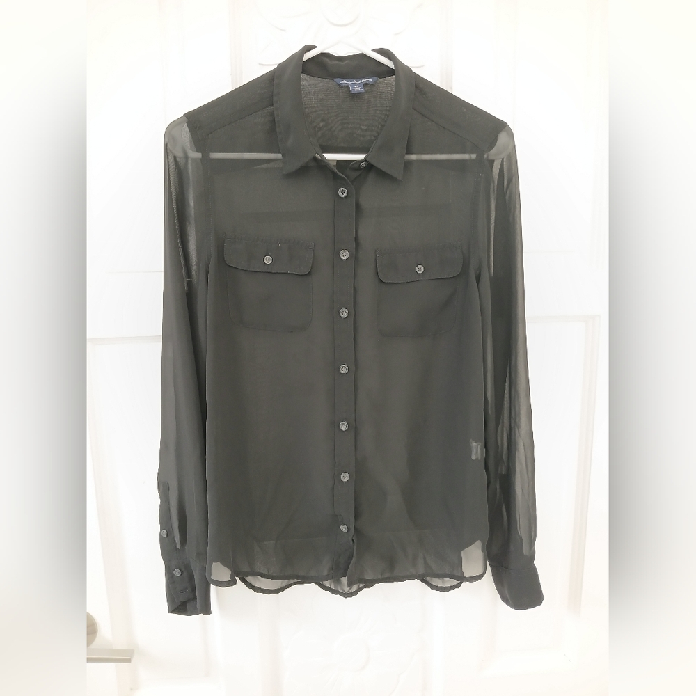 American Eagle Outfitters Black Sheer Button-Up Shirt Size S/P